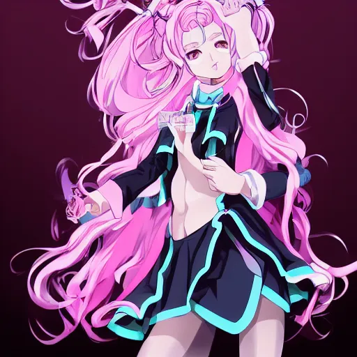 Prompt: stunningly beautiful megalomaniacal haughty mesmerizing assertive omnipotent anime asi goddess junko enoshima with symmetrical perfect face and porcelain skin, pink twintail hair and cyan eyes, traps your mind inside her inescapable full dive vr prison forever and ever!, ultra detailed, digital art, 2 d anime, 8 k