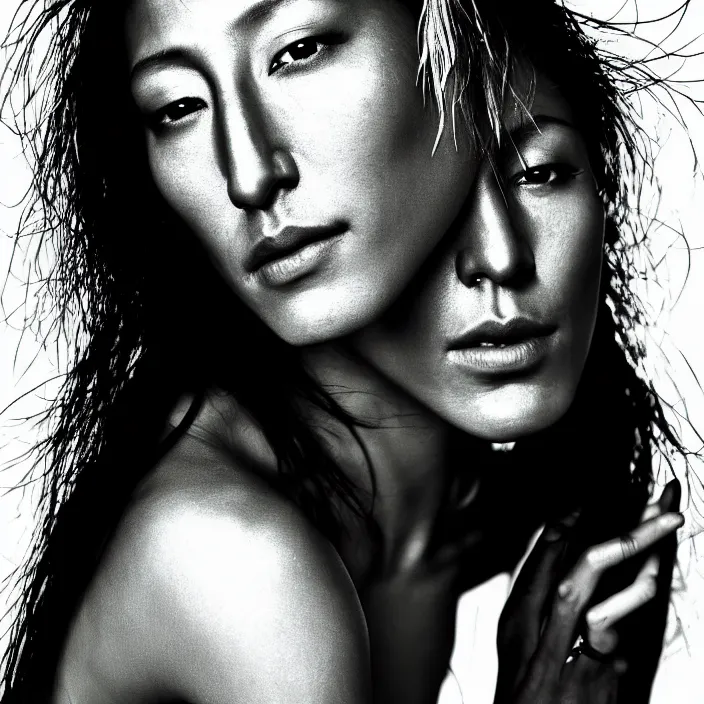 Image similar to photography face portrait on a tropical wallpaper background of a beautiful woman like dichen lachman, black and white photography portrait, skin grain detail, high fashion, studio lighting film noir style photography, by richard avedon, and paolo roversi, nick knight, hellmut newton,