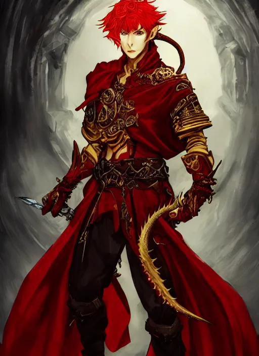 Image similar to Half body portrait of a handsome young red haired elven monk prince with dragon eyes, staff and red and golden ornate dragon robe. In style of Yoji Shinkawa and Hyung-tae Kim, trending on ArtStation, dark fantasy, great composition, concept art, highly detailed.