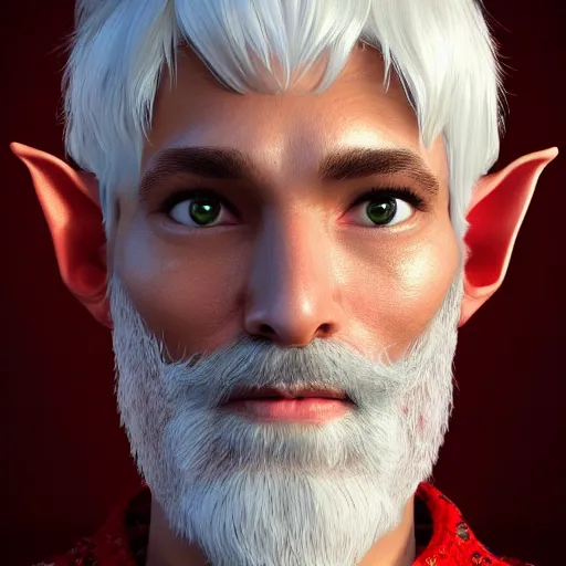 Image similar to a highly detailed portrait of a middle aged male elf with white hair and a very short beard, in red clothes, artstation, deviantart, professional, photorealistic