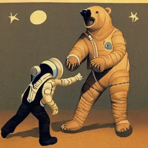 Image similar to an astronaut fighting a bear