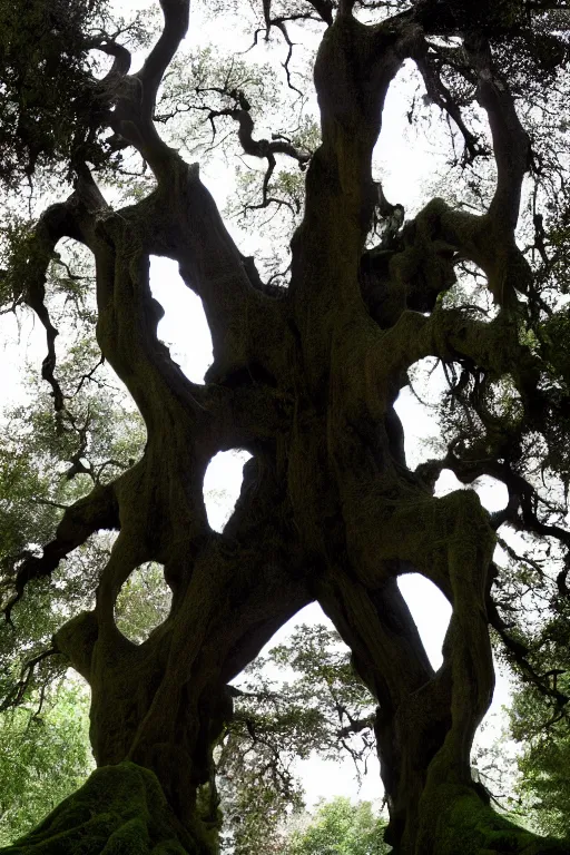 Prompt: a gloomy portal to the underworld in a big old tree