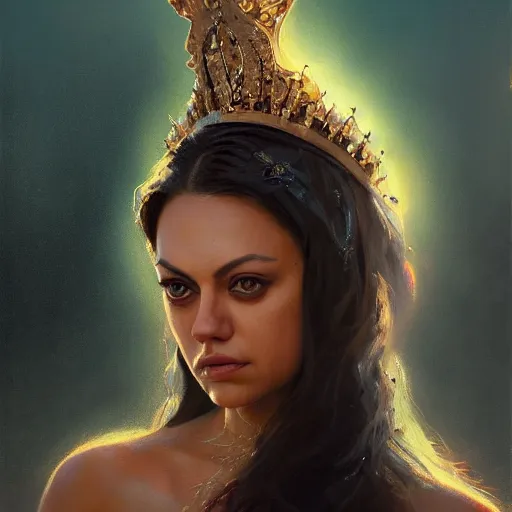 Prompt: closeup portrait of mila kunis as a beautiful radiant queen, crown, serene colors, lake background, complimentary contrast, dramatic lighting, masterpiece, high contrast, painted by stanley lau, painted by greg rutkowski, painted by stanley artgerm, digital art, trending on artstation