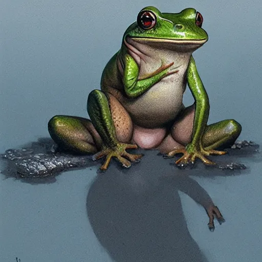 Image similar to hyper realistic caricature of a derpy froggy cute girl by greg rutkowski