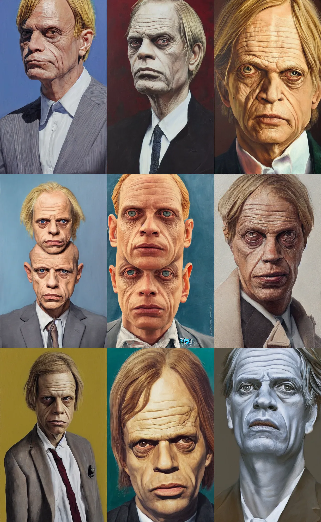 Prompt: of an ultra detailed full head portrait painting of klaus kinski, front view, oil painting, by wes anderson