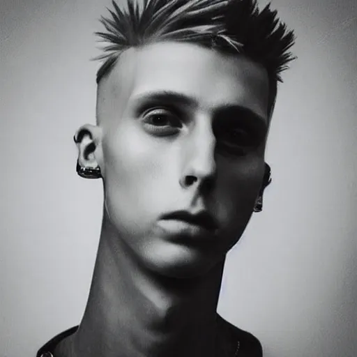 Image similar to “a realistic detailed photo of a guy who is an attractive humanoid who is half robot and half humanoid, who is a male android, rapper Machine Gun Kelly, shiny skin, posing like a statue, blank stare”