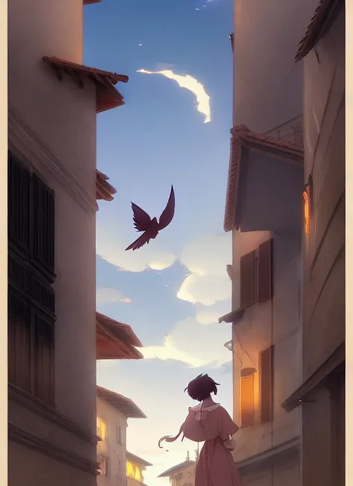 Image similar to florence italy in 1 8 2 0, an angle holds a nightingale bird on an outstretched hand, finely detailed perfect art, gapmoe yandere grimdark, trending on pixiv fanbox, painted by greg rutkowski makoto shinkai takashi takeuchi studio ghibli