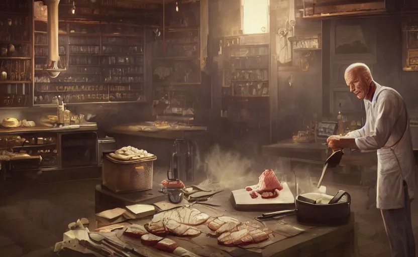 Image similar to highly detailed image of joe biden as a butcher, in gta v, stephen bliss, unreal engine, fantasy art by greg rutkowski, loish, rhads, ferdinand knab, makoto shinkai and lois van baarle, ilya kuvshinov, rossdraws, tom bagshaw, global illumination, radiant light, detailed and intricate environment