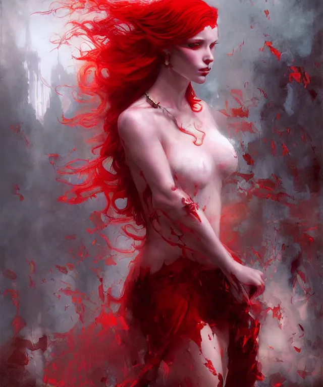 Image similar to a demonic princess with flowing red hair painting by greg ruthowski, detailed, henry ascensio, craig mullins, intricate and detailed