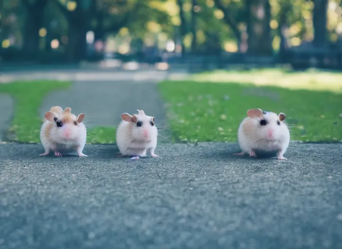 Prompt: photo of a hamsters walking in a park, cinematic color grading, various poses, soft light, faded colors, well framed, sharp focus, 8 k