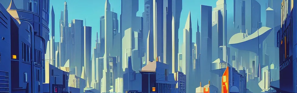 Image similar to sci - fi city street with faceted angular buildings, modernism, gouache, animated film, stylised, illustration, by eyvind earle, scott wills, genndy tartakovski, syd mead