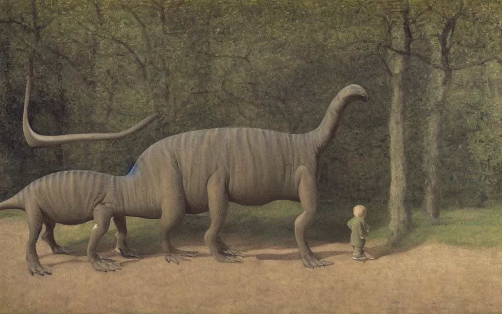 Image similar to a painting of a dinosaur in a zoo, in spring, oil on canvas, by hammershoi