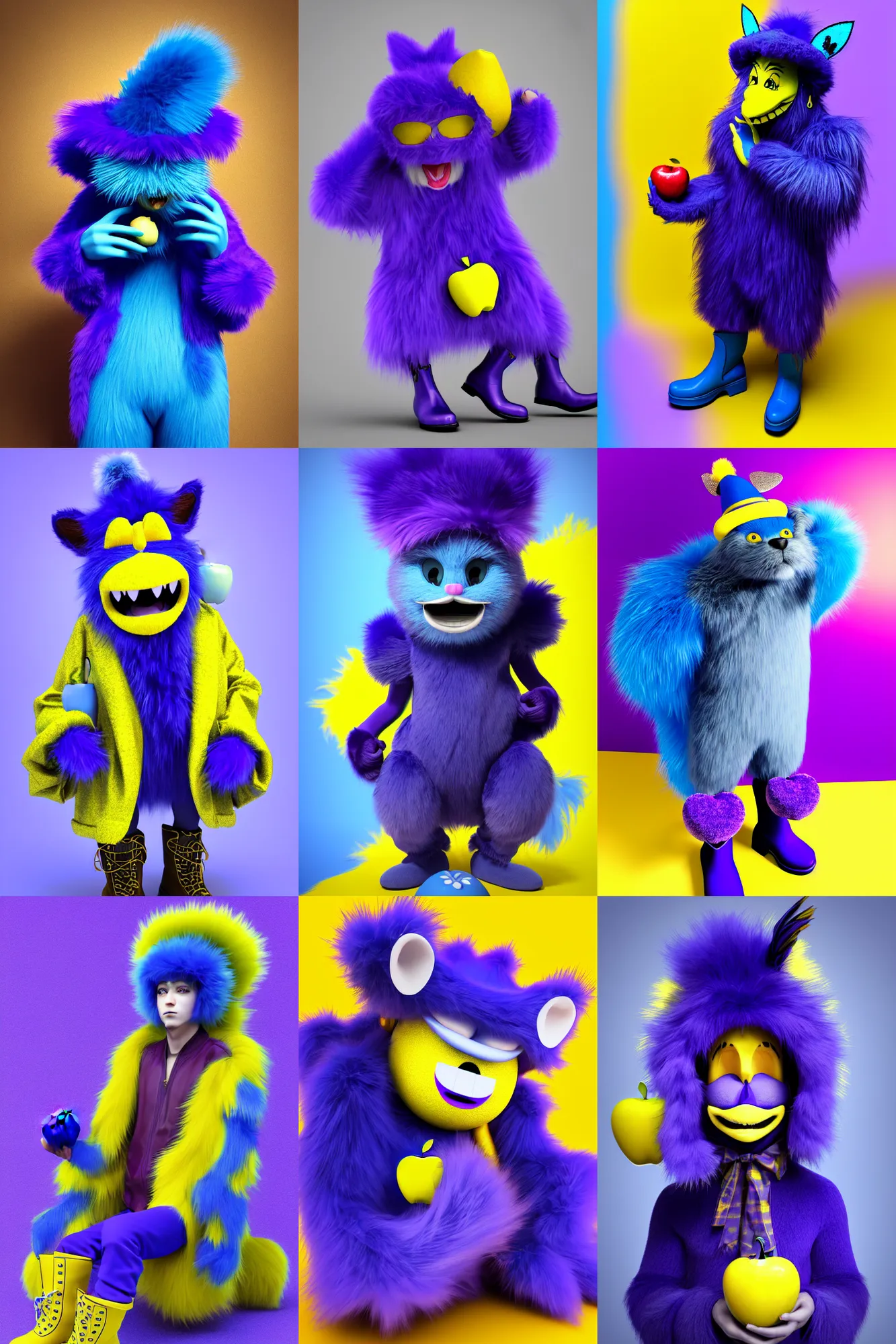 Prompt: a blue furry monster in a purple room holding an apple on his feet wearing yellow leather boots and a hat with blue feathers on his head 3D render, Agura kei aesthetic, アングラ系, dark Japanese aesthetic