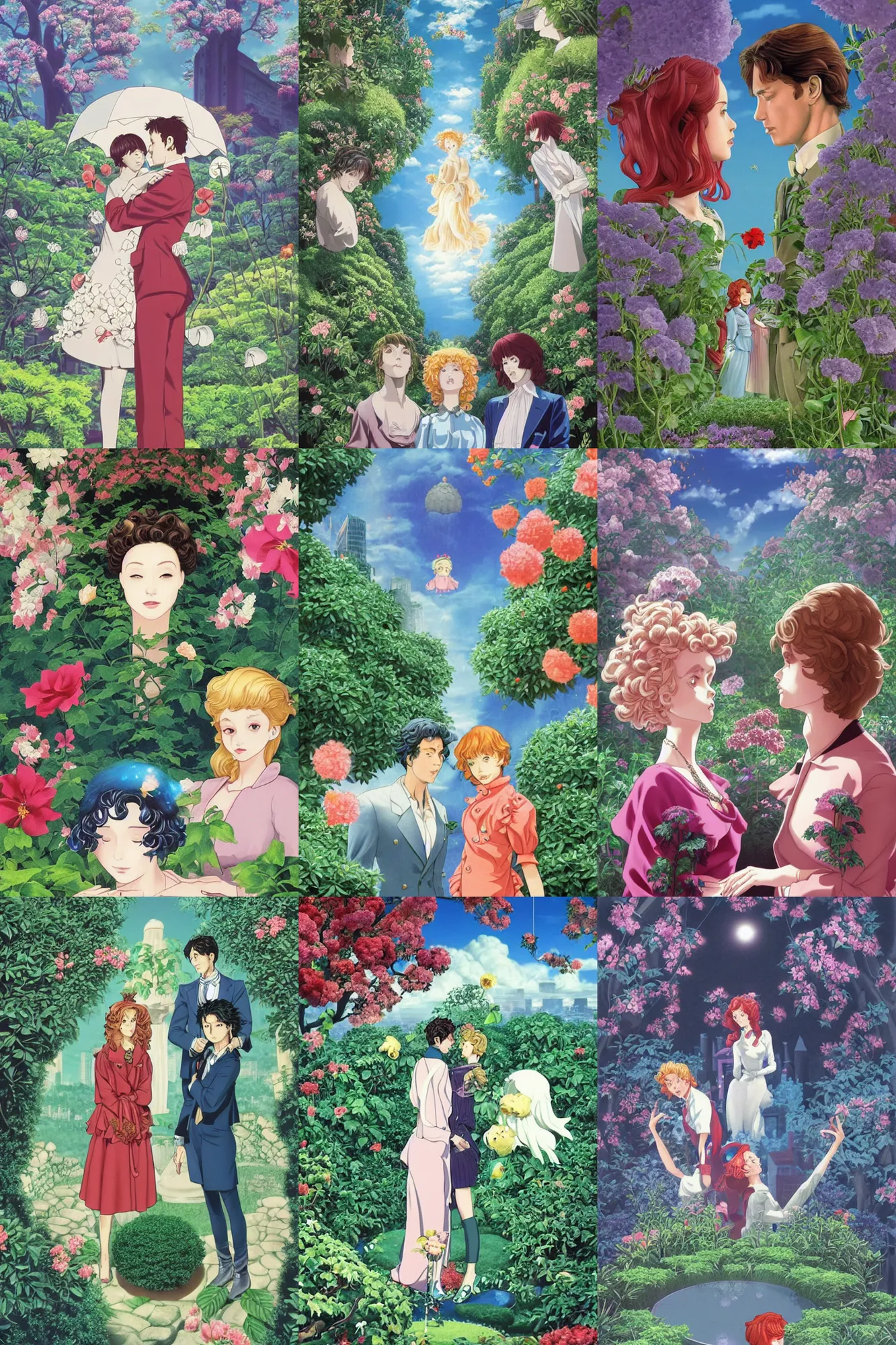 Prompt: atop a skyscraper Madame Gina's private garden - Porco Rosso (1992) solving epic mysteries, secret garden Klaus Movie Twins poster, fine artwork by Chiho Aoshima, a Rendering illustration of a cinematic beautiful closeup moment of three friends standing facing toward their love, perfect face and body, full of details, full body view, Matte painting, trending on artstation, Mamoru hosoda