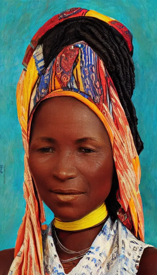 Image similar to ashanti woman wearing a traditional wraparound. portrait. painting