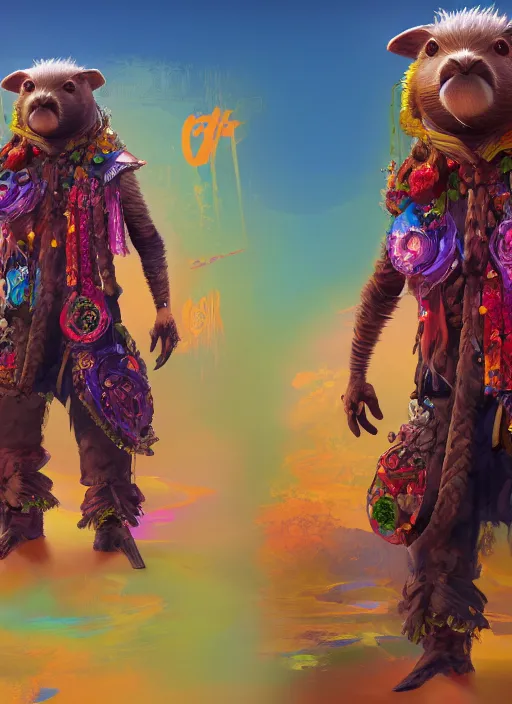 Image similar to detailed full body concept art illustration colorful oil painting of an anthropomorphic capybara pirate in full intricate colorful clothing, ultra detailed, digital art, octane render, 4K, dystopian, biomutant, micro details, hyperrealistic