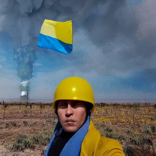 Image similar to a selfie of a ukrainian on the background of a nuclear explosion in yellow - blue rags shoots himself in the head to die a less painful death