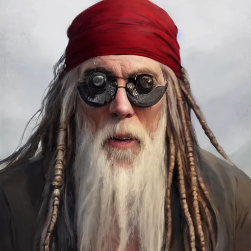 Prompt: portrait of a white hair very old and rugged, dirty skinny pirate with long white dreadlock hair, crooked teeth, wearing a red headband and black hat, one eyepatch very detailed painting featured in artstation, concept art by Greg Rutkowski, WLOP, Dan Mumford, Christophe Vacher