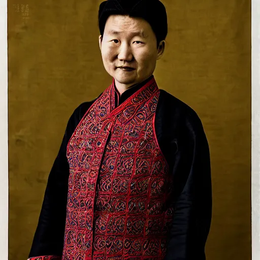 Image similar to realistic contamporary art photography by araki nobuyoshi of wearing traditional ukrainian shirt designed by taras shevchenko. smiling kim chen in