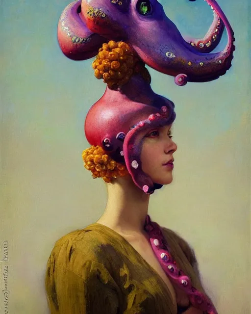 Prompt: a beautiful girl wearing a colourful octopus as a hat, painted by edgar maxence, edward hopper, wayne barlowe and james gilleard, airbrush, art by jamesjean