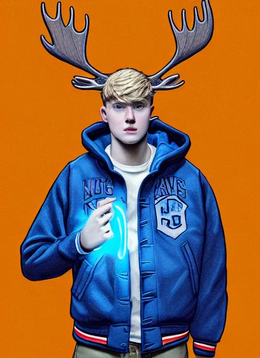 Image similar to portrait of high school senior boy named big moose, blonde short hair, jock, beefy, wide face, square jaw, square facial structure, blue varsity jacket with the word moose, intricate, elegant, glowing lights, highly detailed, digital painting, artstation, concept art, sharp focus, illustration, art by wlop, mars ravelo and greg rutkowski