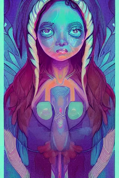 Prompt: little girl character inspired in indigenous and blue arara, digital art by ruan jil and lois van baarle highly detailed, anatomically correct, symmetrical, experimental design, extremely coherent, psychedelic background p