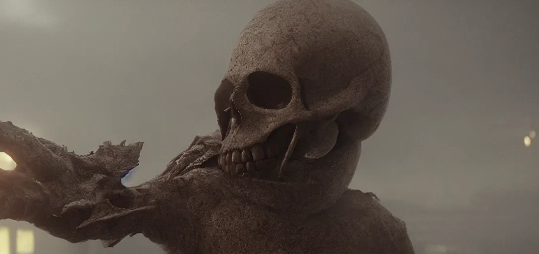 Prompt: a squid in the shape of a skull, foggy, cinematic shot, photo still from movie by denis villeneuve, wayne barlowe