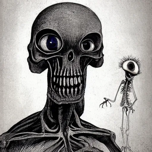 Image similar to humanoid with crooked teeth, two black eyes, long open black mouth, alien looking, big forehead, horrifying, killer, creepy, dead, looking straight forward, realistic, slightly red, long neck, boney, monster, tall, skinny, skullish, deathly, in the style of alfred kubin