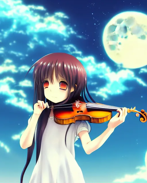 Image similar to anime style, chibi, full body, a cute girl with white skin and golden long wavy hair holding a violin and playing a song, heavenly, stunning, modern art, lunar time, trending art, sharp focus, centered, landscape shot, happy, fleeting dream, simple background, studio ghibly makoto shinkai yuji yamaguchi, by wlop