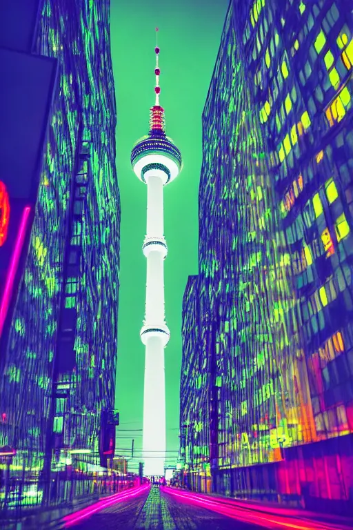 Image similar to neon streets of berlin television tower, 4 k, award winning photo, cyberpunk style