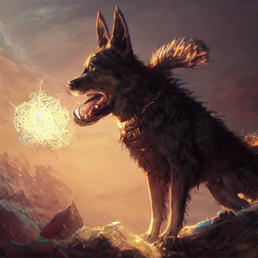 Image similar to Dog Anthropomorphized, casting epic spell, magic the gathering artwork, D&D, fantasy, cinematic lighting, centered, symmetrical, highly detailed, digital painting, artstation, concept art, smooth, sharp focus, illustration, volumetric lighting, epic Composition, 8k, art by Akihiko Yoshida and Greg Rutkowski and Craig Mullins and Daniel Dociu, heroic pose, oil painting, cgsociety, magic lab background