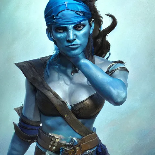 Image similar to Female pirate captain with blue skin, 4k oil on linen by wlop, artgerm, andrei riabovitchev, nuri iyem, james gurney, james jean, greg rutkowski, highly detailed, soft lighting 8k resolution