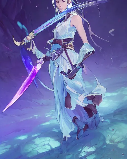 Prompt: a female warrior holding one single blue glowing sword walking in a cake full of purple glowing crystals. Atmospheric lighting, adventurous, elven. By Makoto Shinkai, Stanley Artgerm Lau, WLOP, Rossdraws, James Jean, Andrei Riabovitchev, Marc Simonetti, krenz cushart, Sakimichan, trending on ArtStation, digital art.