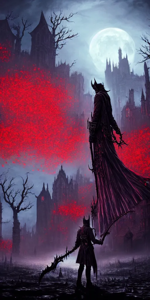 Image similar to populated bloodborne old valley with a dark person at the centre and a ruined gothic city in the background, trees and stars in the background, falling red petals, epic red - orange moonlight, perfect lightning, wallpaper illustration by niko delort and kentaro miura, 4 k, ultra realistic