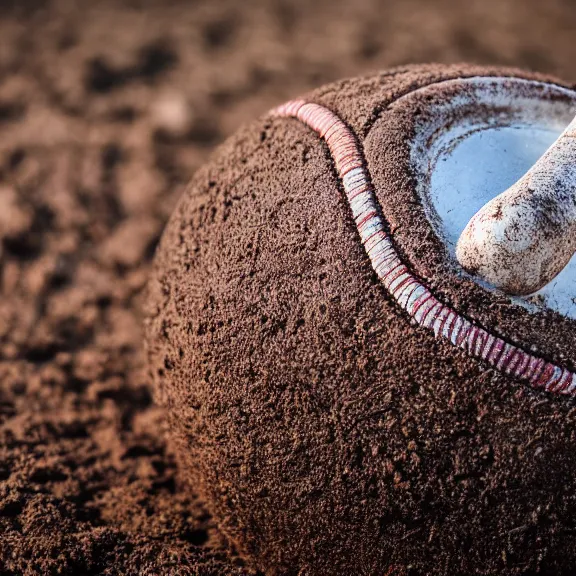 Image similar to a 4 k photorealistic photo close up of a baseball laying in the dirt