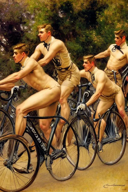 Prompt: handsome male cyclists, tour de france painting by gaston bussiere, craig mullins, j. c. leyendecker, tom of finland