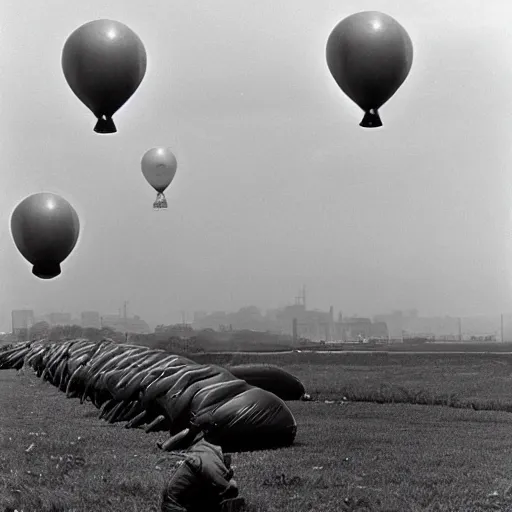 Image similar to basking in the first sun - rays were huge floating balloons - - a defence umbrella against enemy air - raids on port - installations, 1 9 6 0 photo