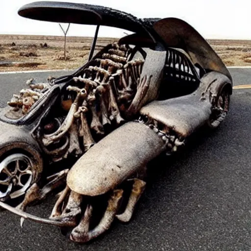 Prompt: mad Max car made out of bones horns and shells