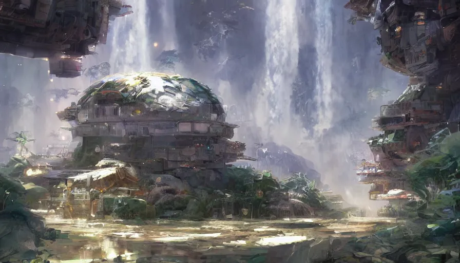 Prompt: craig mullins and studio ghibli illustration, concept art for a future city in space, multiple beautiful animals never seen before roam the area, lots of waterfalls and water elements, unreal engine, hyper realism, realistic shading, cinematic composition, realistic render, octane render, detailed textures, photorealistic, wide shot