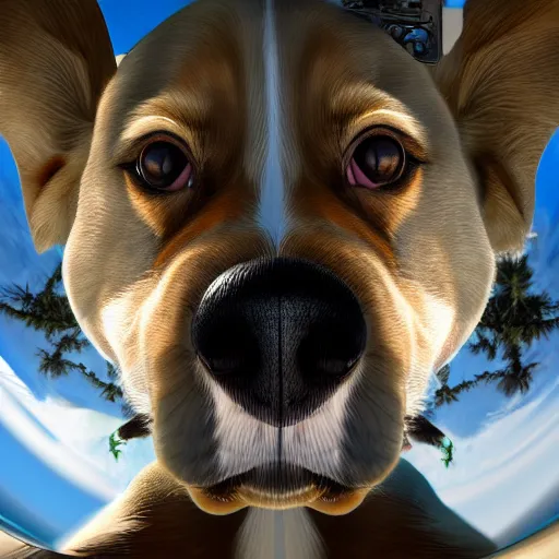 Prompt: Selfie of a dog, first-person view, fisheye!!!!!! lens, photorealistic imagery, trending on artstation, 4k, 8k