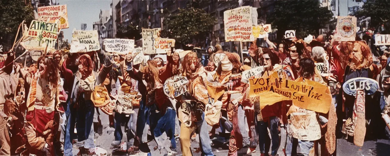 Image similar to hippies protesting with spaghetti signs, 1 9 6 0's,, high detail, canon 5 0 mm, cinematic lighting, photography, retro, film, kodachrome