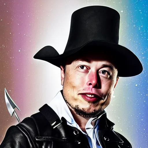 Image similar to photo of elon musk in the shape of a musketeer, he has a big black hat and holds a shiny rapier sword