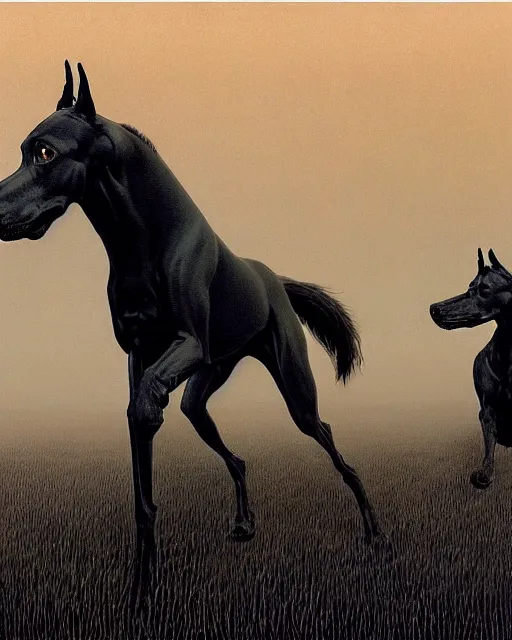 Image similar to painting of hybrid between black weimaraner & black stallion horse! & intercrossed animal, by zdzislaw beksinski, by mattias adolfsson, concept art, single object scene, beautiful composition, 8 k, wide angle shot, depth of view,