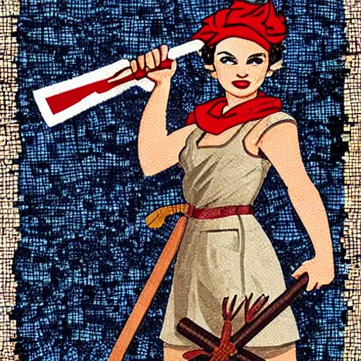 Image similar to Rosie the riveter holding a hammer and sickle, wearing a red rose, on roman mosaic