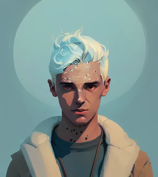 Image similar to portrait of a young man, raised on the island, white hair, face tatooes by atey ghailan, by greg rutkowski, by greg tocchini, by james gilleard, by joe fenton, by kaethe butcher, dynamic lighting, gradient light blue, brown, blonde cream and white color scheme, grunge aesthetic