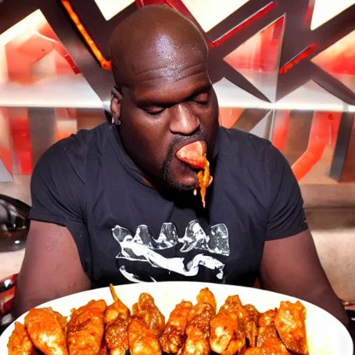 Image similar to Shaquille O'neil eating hot spicy chicken wings, 4k UHD picture