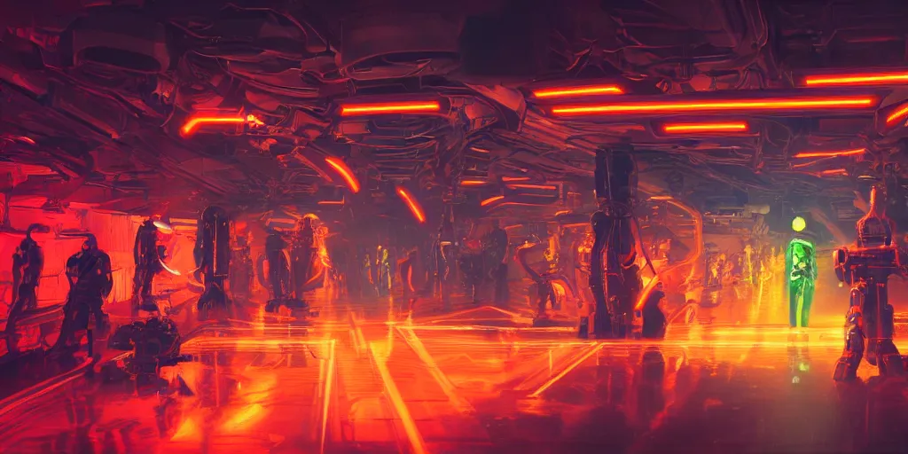 Prompt: futuristic neon lit scene of death of the money lenders, robot cyborgs, futuristic oil painting by rembrandt and jeff koonz, led panel screens and projections, dynamic lighting, black and orange colour palette, octane render