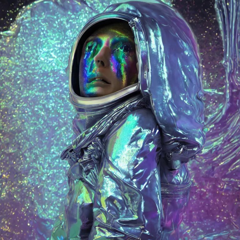 Image similar to octane render portrait by wayne barlow and carlo crivelli and glenn fabry, subject is a woman covered in tie - dye aluminum foil space suit with a iridescent metallic space helmet, inside a dark gothic rococo palace, cinema 4 d, ray traced lighting, very short depth of field, bokeh