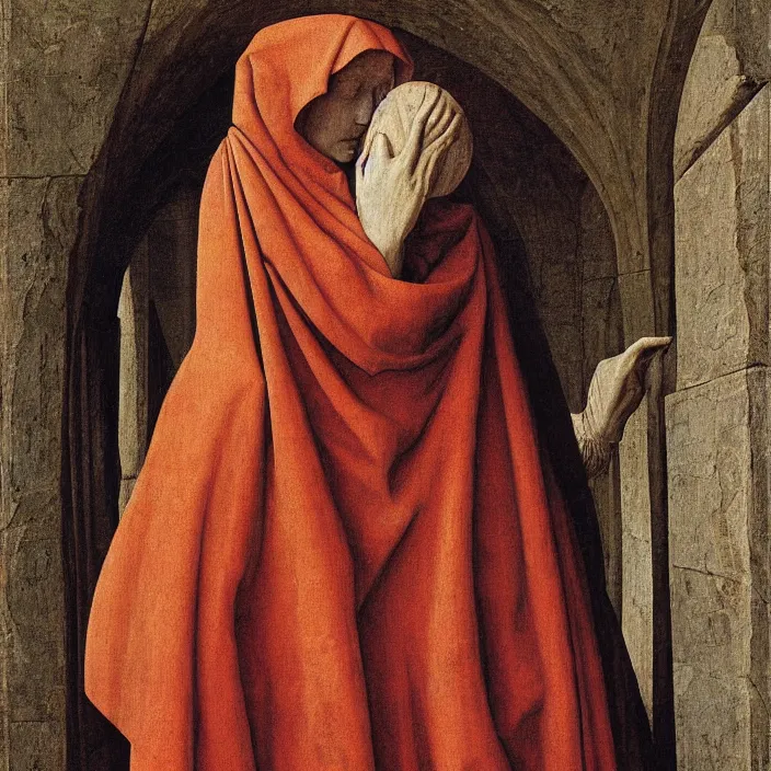 Prompt: a woman trapped in stone, by Jan van Eyck