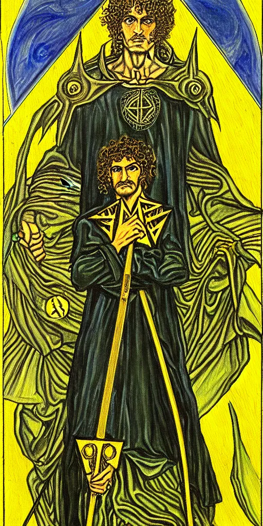 Prompt: a painting of the knight of pentacles tarot card by austin osman spare